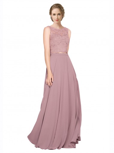 Günstige A-Linien Illusion Ausschnitt Chiffon Spitze Lange Brautjungfernkleider / Abiballkleider