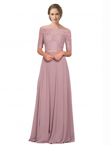 Günstige A-Linien Off-Schulter Chiffon Spitze Lange Brautjungfernkleider / Abiballkleider