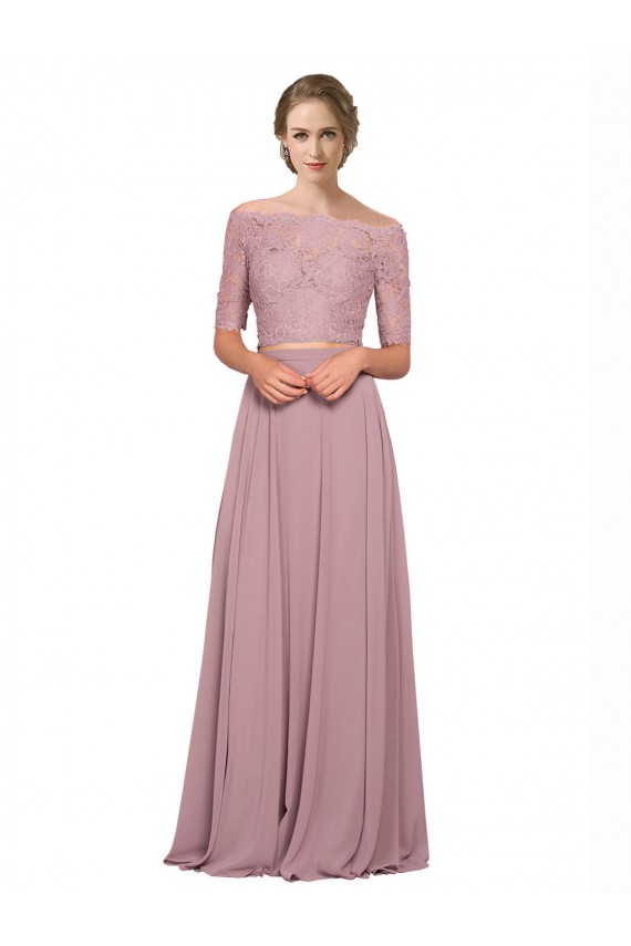 Günstige A-Linien Off-Schulter Chiffon Spitze Lange Brautjungfernkleider / Abiballkleider