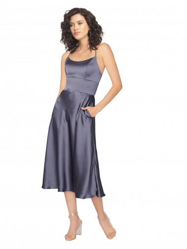Günstige A-Linien Scoop Midi Seidiger Satin Kurze Brautjungfernkleider / Abiballkleider / Cocktailkleider / Heimkehr Kleider