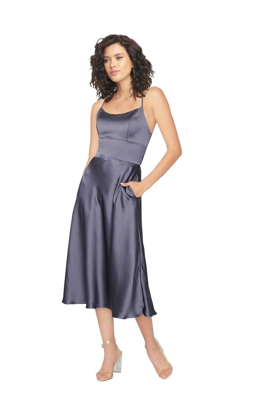 Günstige A-Linien Scoop Midi Seidiger Satin Kurze Brautjungfernkleider / Abiballkleider / Cocktailkleider / Heimkehr Kleider