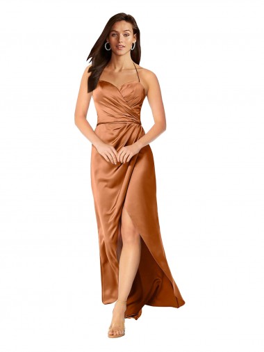 Günstige A-Linien Spaghetti-Träger Seidiger Satin Lange Formale Brautjungfernkleider / Abendkleider / Abiballkleider