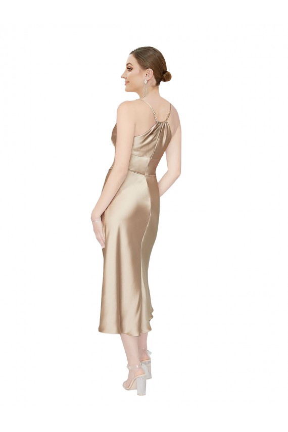 Günstige A-Linien V-Ausschnitt Midi Seidiger Satin Kurze Formale Brautjungfernkleider / Abendkleider / Abiballkleider / Cocktailkleider