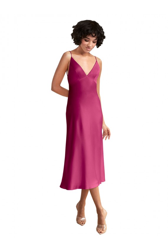 Günstige A-Linien V-Ausschnitt Midi Stretch-Satin Kurze Formale Brautjungfernkleider / Abendkleider / Abiballkleider / Cocktailkleider / Heimkehr Kleider