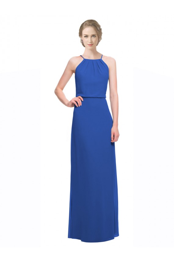 Günstige Blau 135 A-Linien Spaghetti-Träger Chiffon Lange Brautjungfernkleider