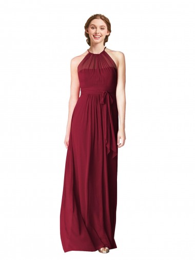 Günstige Burgunderrot A-Linien Neckholder Chiffon Lange Brautjungfernkleider