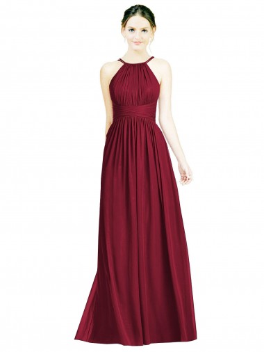Günstige Burgunderrot A-Linien Neckholder Chiffon Lange Brautjungfernkleider