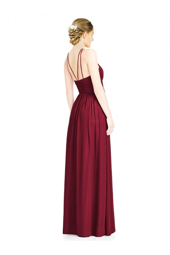 Günstige Burgunderrot A-Linien Neckholder Chiffon Lange Brautjungfernkleider