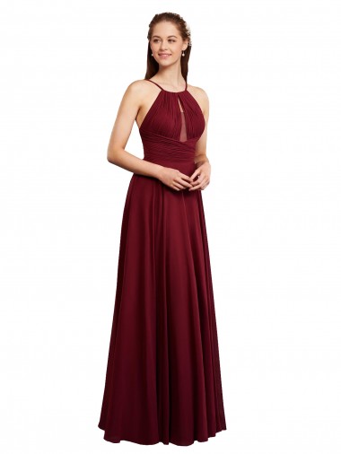 Günstige Burgunderrot A-Linien Spaghetti-Träger Neckholder Chiffon Lange Brautjungfernkleider
