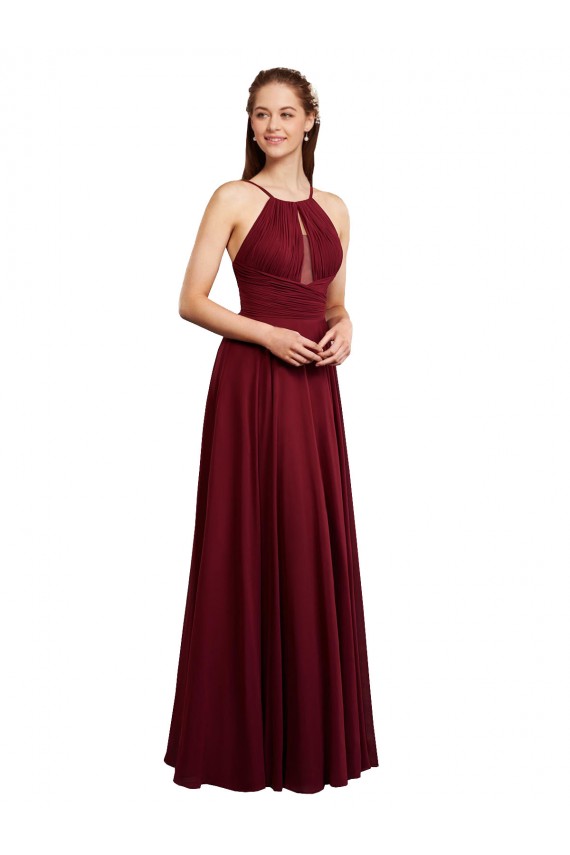 Günstige Burgunderrot A-Linien Spaghetti-Träger Neckholder Chiffon Lange Brautjungfernkleider