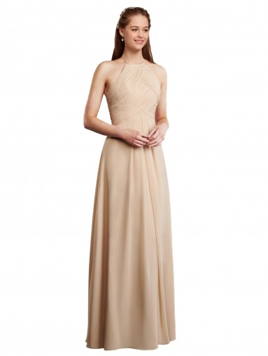 Günstige Champagner A-Linien Neckholder Chiffon Lange Brautjungfernkleider