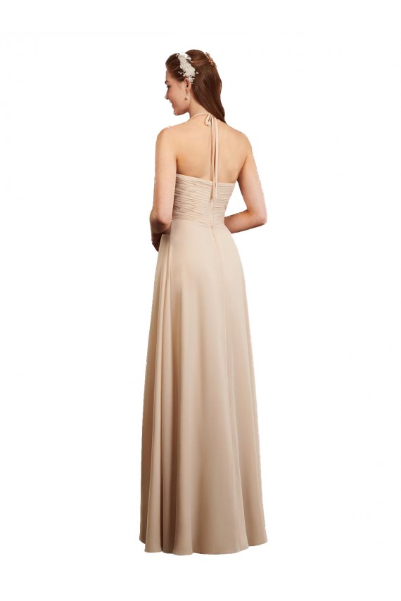 Günstige Champagner A-Linien Neckholder Chiffon Lange Brautjungfernkleider