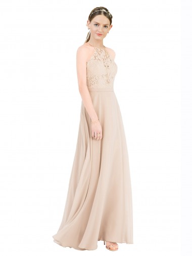Günstige Champagner A-Linien Neckholder Stehkragen Ausschnitt Chiffon Spitze Lange Brautjungfernkleider / Abiballkleider