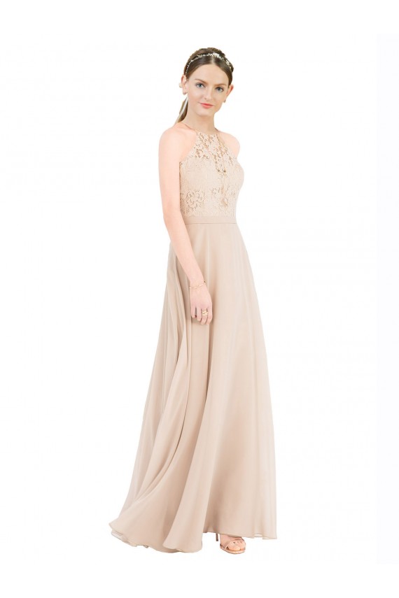Günstige Champagner A-Linien Neckholder Stehkragen Ausschnitt Chiffon Spitze Lange Brautjungfernkleider / Abiballkleider