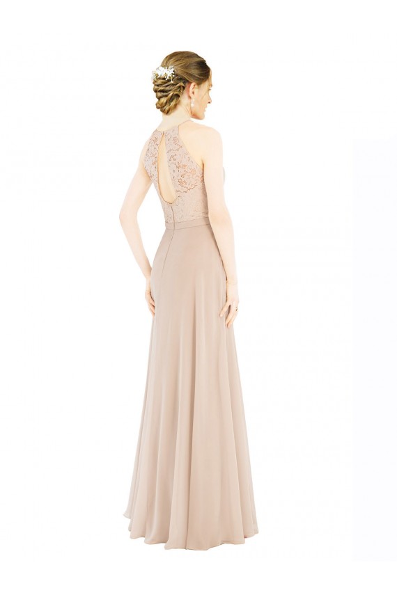 Günstige Champagner A-Linien Neckholder Stehkragen Ausschnitt Chiffon Spitze Lange Brautjungfernkleider / Abiballkleider