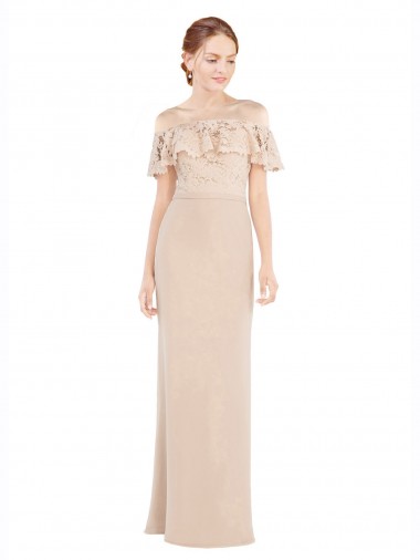 Günstige Champagner A-Linien Off-Schulter Chiffon Spitze Lange Brautjungfernkleider / Abiballkleider