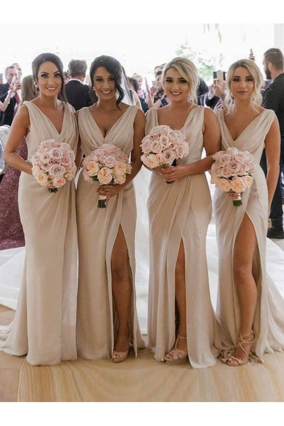 Günstige Champagner A-Linien V-Ausschnitt Chiffon Lange Brautjungfernkleider