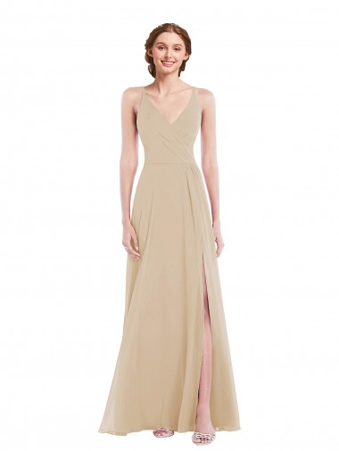 Günstige Champagner A-Linien V-Ausschnitt Chiffon Lange Brautjungfernkleider