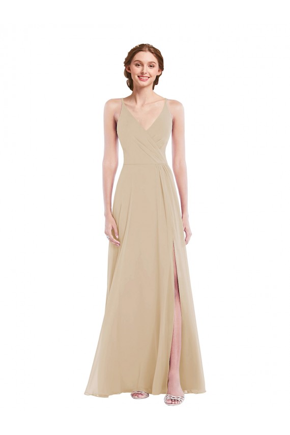 Günstige Champagner A-Linien V-Ausschnitt Chiffon Lange Brautjungfernkleider