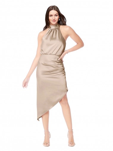 Günstige Champagner Rosa A-Linien Neckholder Midi Seidiger Satin Kurze Brautjungfernkleider / Abiballkleider / Cocktailkleider / Heimkehr Kleider