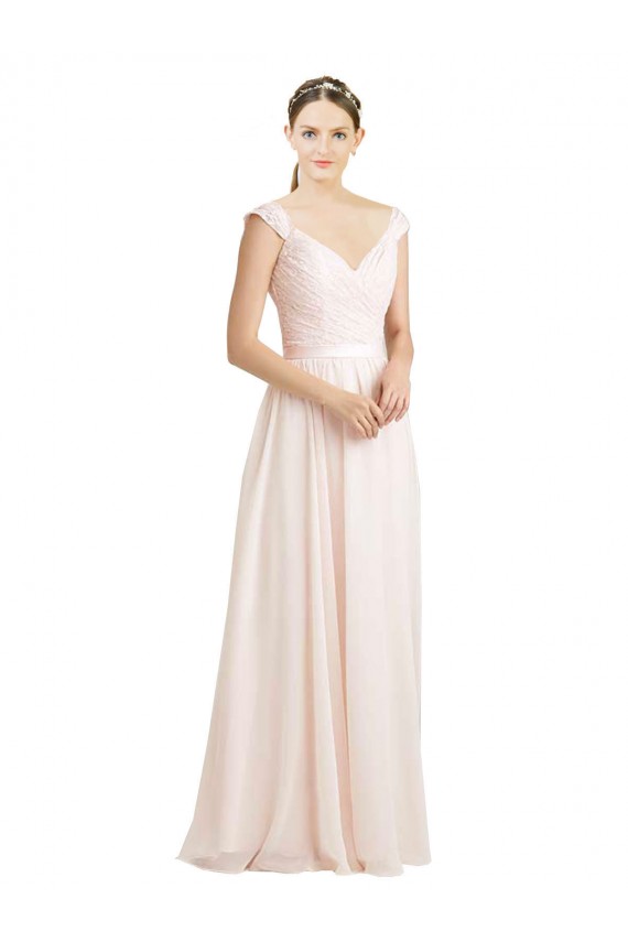 Günstige Creme Rosa A-Linien Chiffon Spitze Lange Brautjungfernkleider