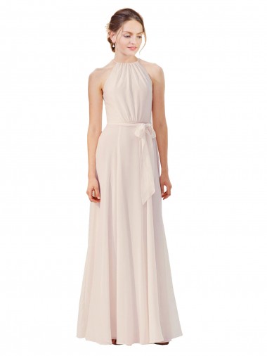 Günstige Creme Rosa A-Linien Stehkragen Ausschnitt Chiffon Lange Brautjungfernkleider