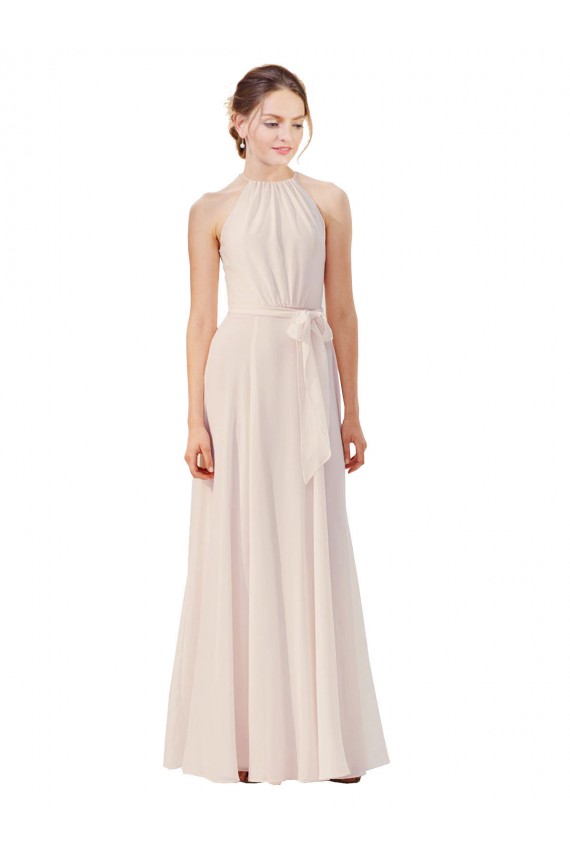 Günstige Creme Rosa A-Linien Stehkragen Ausschnitt Chiffon Lange Brautjungfernkleider
