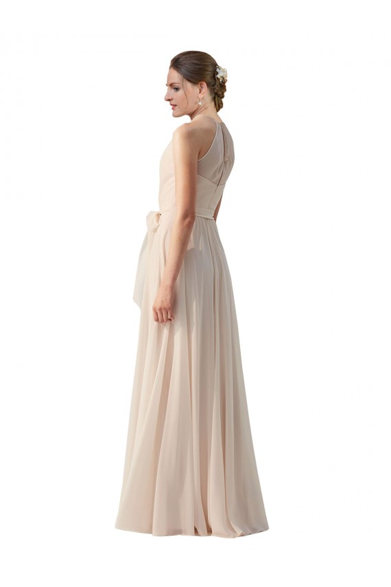 Günstige Creme Rosa A-Linien Stehkragen Ausschnitt Chiffon Lange Brautjungfernkleider