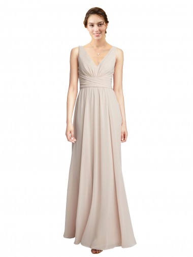 Günstige Creme Rosa A-Linien V-Ausschnitt Chiffon Lange Brautjungfernkleider