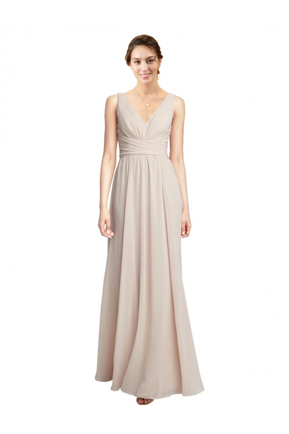 Günstige Creme Rosa A-Linien V-Ausschnitt Chiffon Lange Brautjungfernkleider