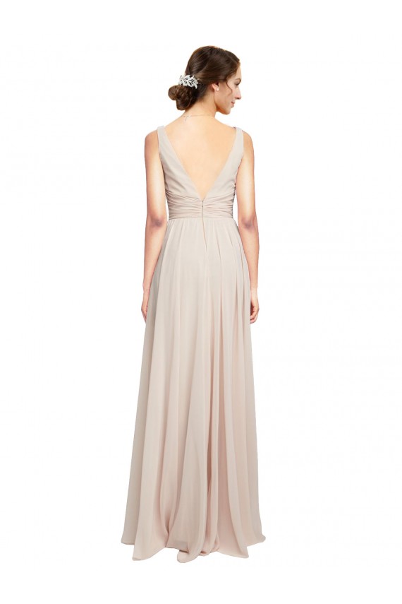 Günstige Creme Rosa A-Linien V-Ausschnitt Chiffon Lange Brautjungfernkleider
