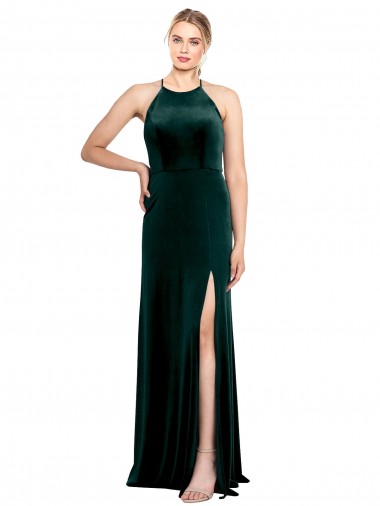 Günstige Dunkelgrün A-Linien Spaghetti-Träger Jewel Neck Stretch-Samt Lange Brautjungfernkleider / Abiballkleider