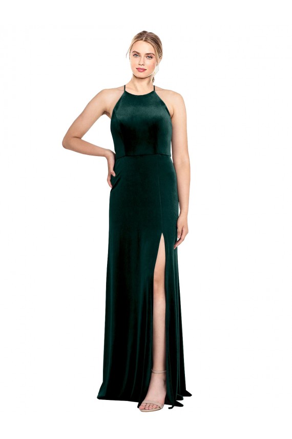 Günstige Dunkelgrün A-Linien Spaghetti-Träger Jewel Neck Stretch-Samt Lange Brautjungfernkleider / Abiballkleider