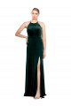 Günstige Dunkelgrün A-Linien Spaghetti-Träger Jewel Neck Stretch-Samt Lange Brautjungfernkleider / Abiballkleider