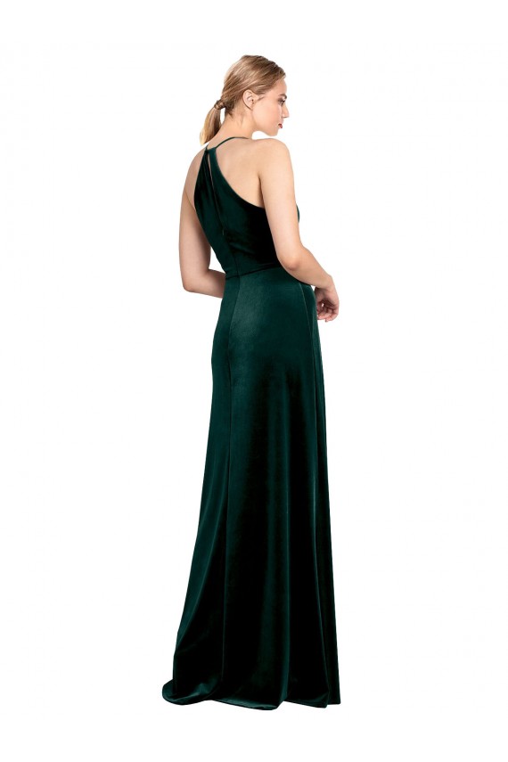 Günstige Dunkelgrün A-Linien Spaghetti-Träger Jewel Neck Stretch-Samt Lange Brautjungfernkleider / Abiballkleider