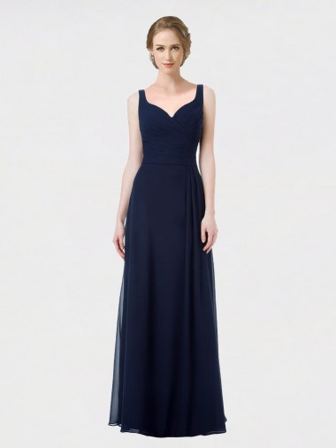 Günstige Dunkelmarine A-Linien Chiffon Lange Brautjungfernkleider
