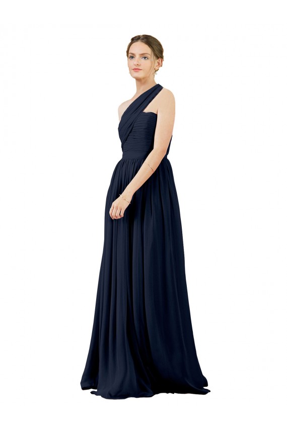 Günstige Dunkelmarine A-Linien Eine-Schulter Chiffon Lange Brautjungfernkleider