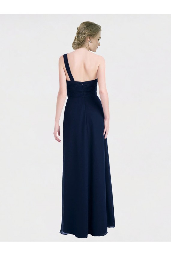 Günstige Dunkelmarine A-Linien Eine-Schulter Chiffon Lange Brautjungfernkleider