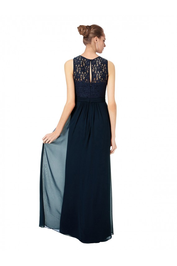 Günstige Dunkelmarine A-Linien Illusion Ausschnitt Chiffon Spitze Lange Brautjungfernkleider