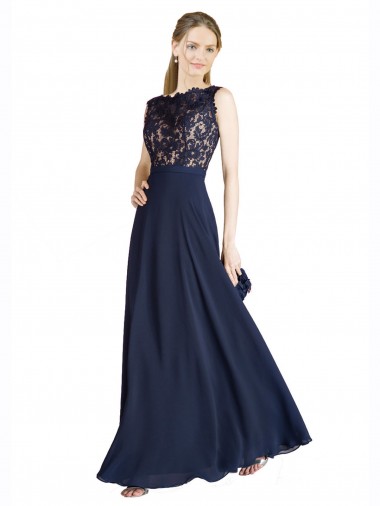 Günstige Dunkelmarine A-Linien Illusion Ausschnitt Chiffon Spitze Lange Brautjungfernkleider / Abiballkleider