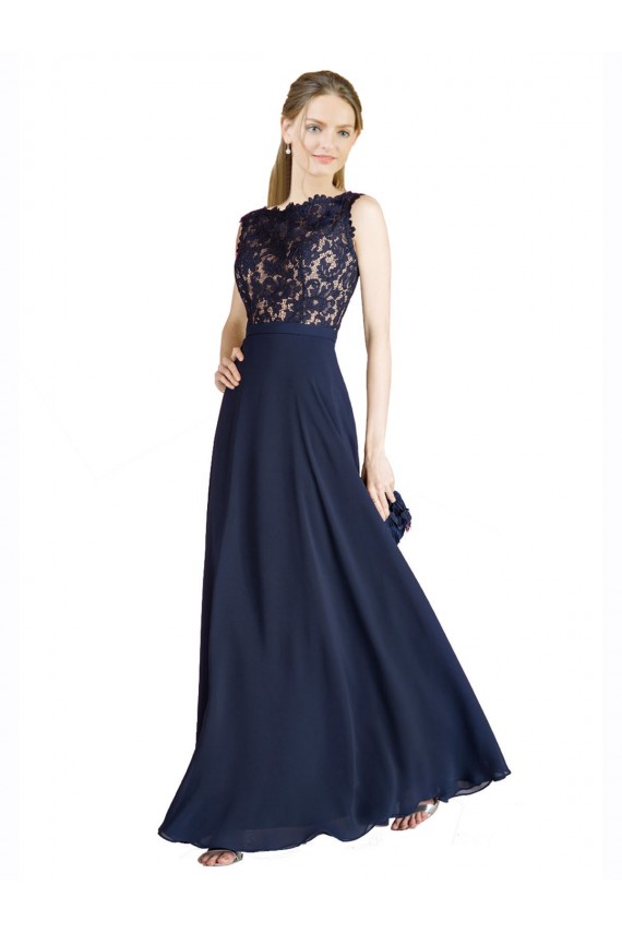 Günstige Dunkelmarine A-Linien Illusion Ausschnitt Chiffon Spitze Lange Brautjungfernkleider / Abiballkleider
