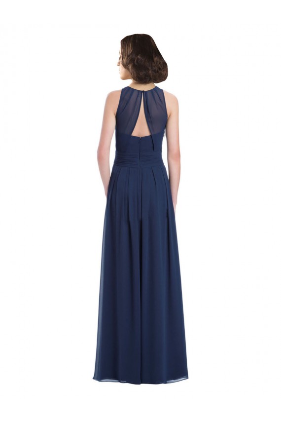Günstige Dunkelmarine A-Linien Neckholder Chiffon Lange Brautjungfernkleider
