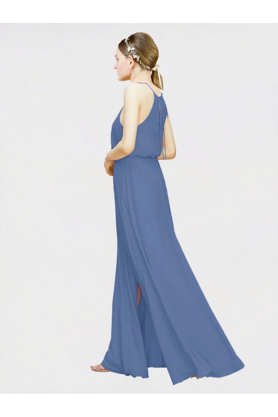 Günstige Dunkelmarine A-Linien Neckholder Chiffon Lange Brautjungfernkleider