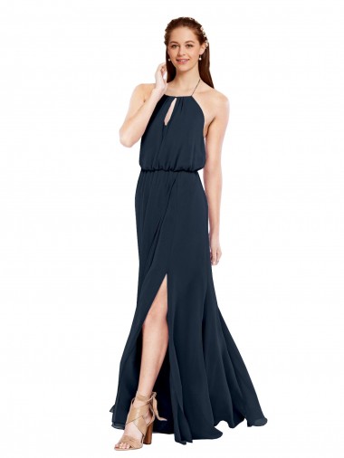 Günstige Dunkelmarine A-Linien Neckholder Chiffon Lange Brautjungfernkleider