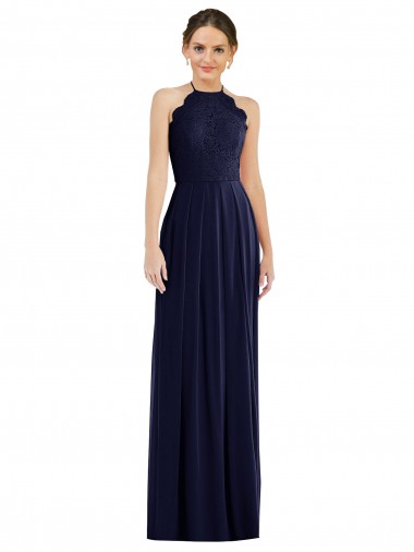 Günstige Dunkelmarine A-Linien Neckholder Chiffon Lange Brautjungfernkleider