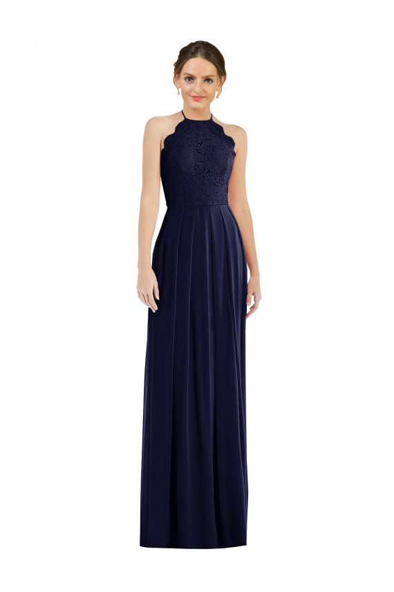 Günstige Dunkelmarine A-Linien Neckholder Chiffon Lange Brautjungfernkleider