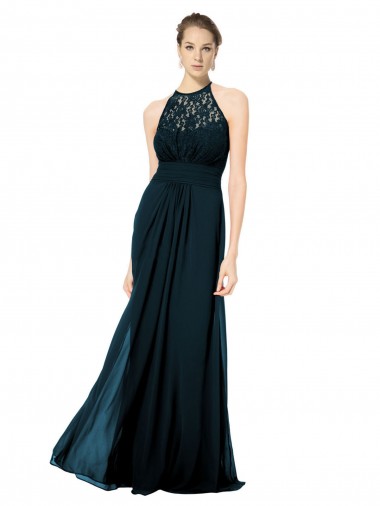 Günstige Dunkelmarine A-Linien Neckholder Illusion Ausschnitt Chiffon Spitze Lange Brautjungfernkleider