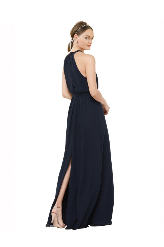 Günstige Dunkelmarine A-Linien Neckholder Stehkragen Ausschnitt Chiffon Lange Brautjungfernkleider