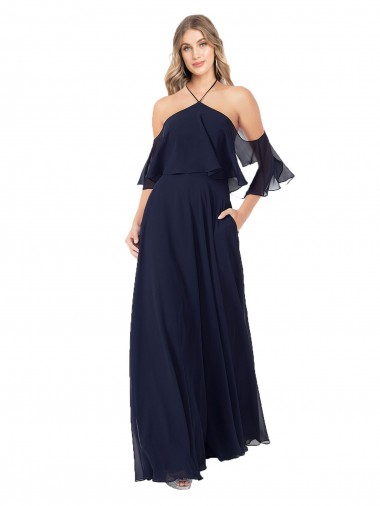 Günstige Dunkelmarine A-Linien Neckholder Stehkragen Ausschnitt Chiffon Lange Brautjungfernkleider