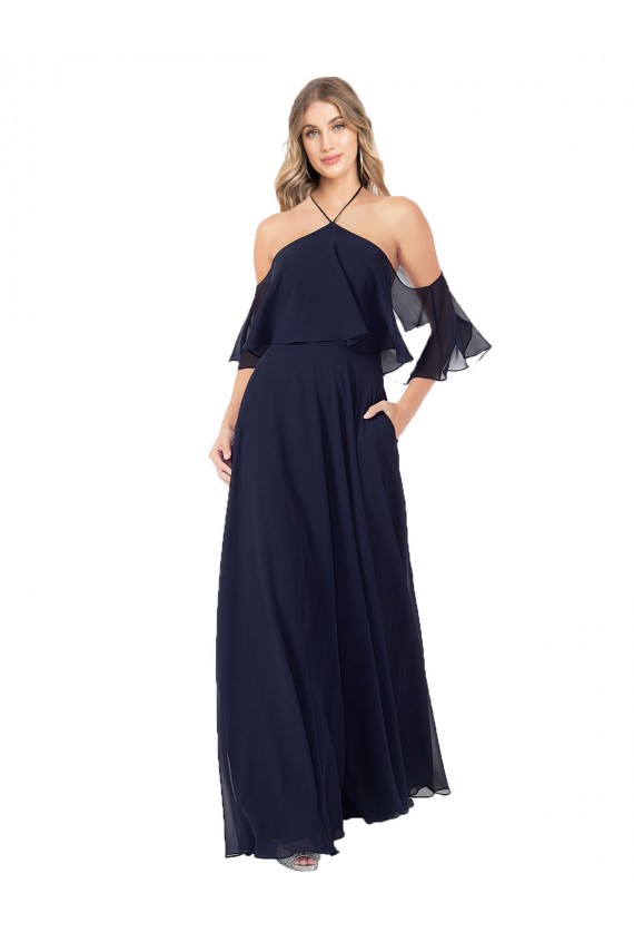 Günstige Dunkelmarine A-Linien Neckholder Stehkragen Ausschnitt Chiffon Lange Brautjungfernkleider